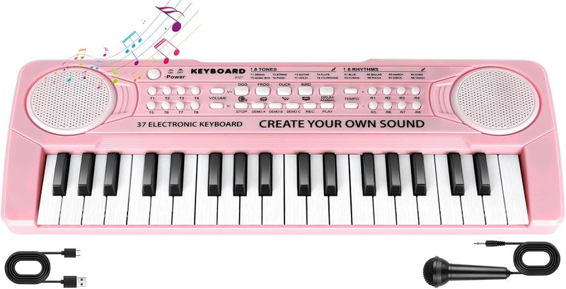 TWFRIC Kids Toddler Toy Piano Keyboard, 37 Key Pink Pianos for Kid Music Toys Instruments with Microphone for 3 4 5 6 7 8 Year Old Girl Boy Birthday/Christmas Day Gift - Image 1